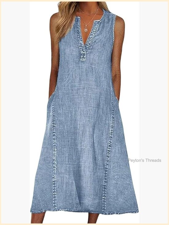 Dresses & Skirts - Sleeveless Denim Midi Dress A-Line V-Neck Tank Dress Summer Casual Shift Dress